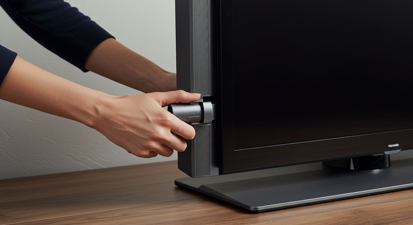 Eine Person steckt den Stecker eines Fernsehers in eine andere Steckdose